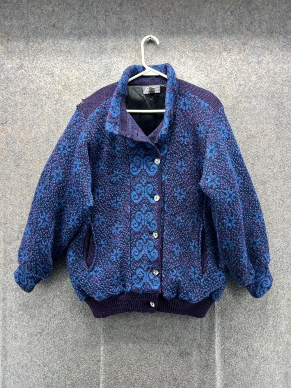 Tundra Jacket Women Large Blue Wool Fair Isle Bomber Button Front Vintage